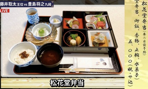 【画像】藤井聡太さんの昼食の弁当、５０００円！！！