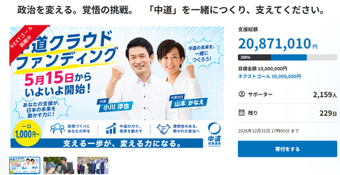 中道改革連合クラファンスタート！集まった額がこちら→