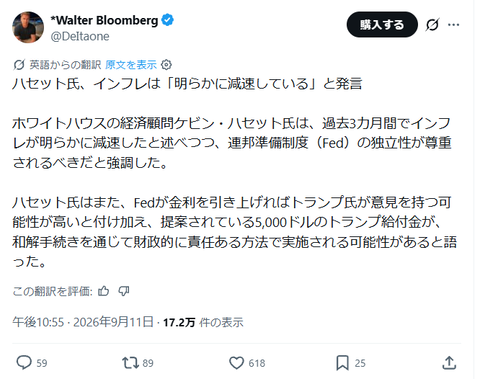 ハセット氏、インフレは「明らかに減速している」と発言
